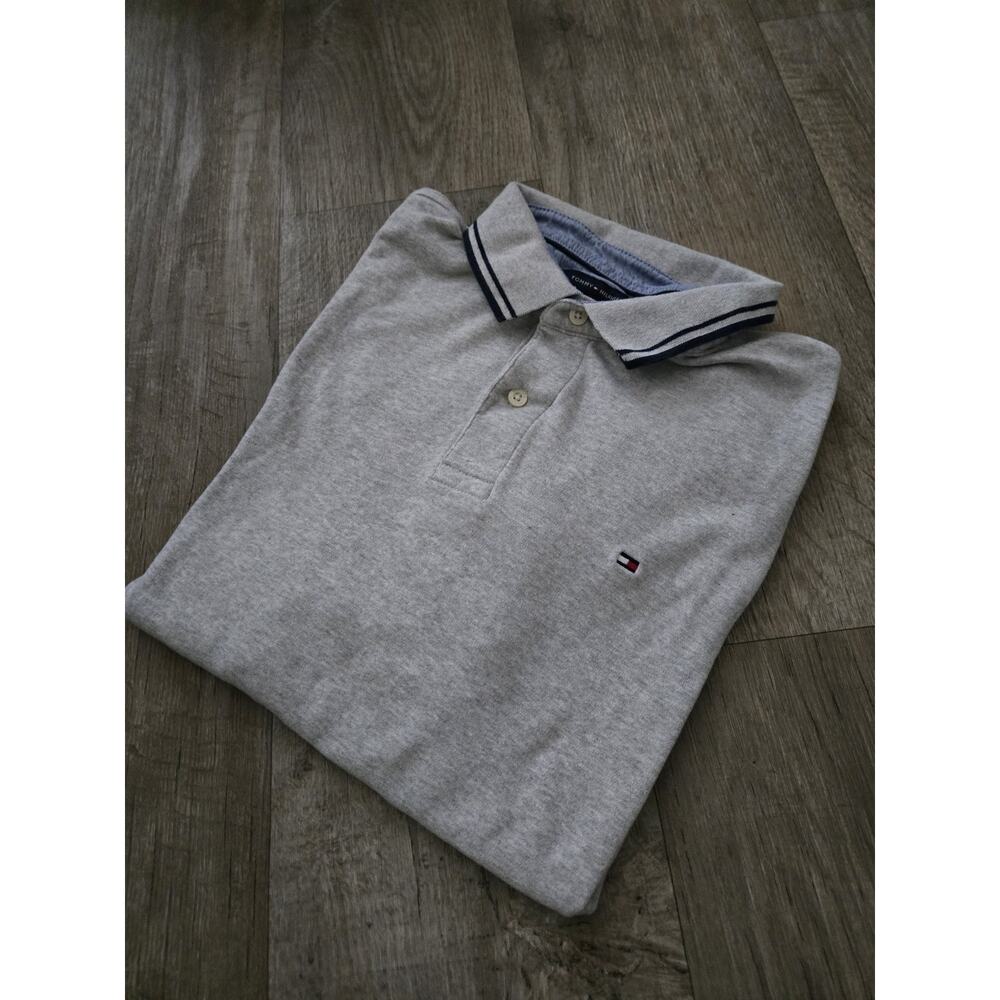 TOMMY HILFIGER Gray Custom Fit Polo Shirt Mens XL 100% Cotton Flag Logo Classic